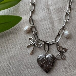 Handmade Silver Tone Charm Necklace 🤍🦋🎀